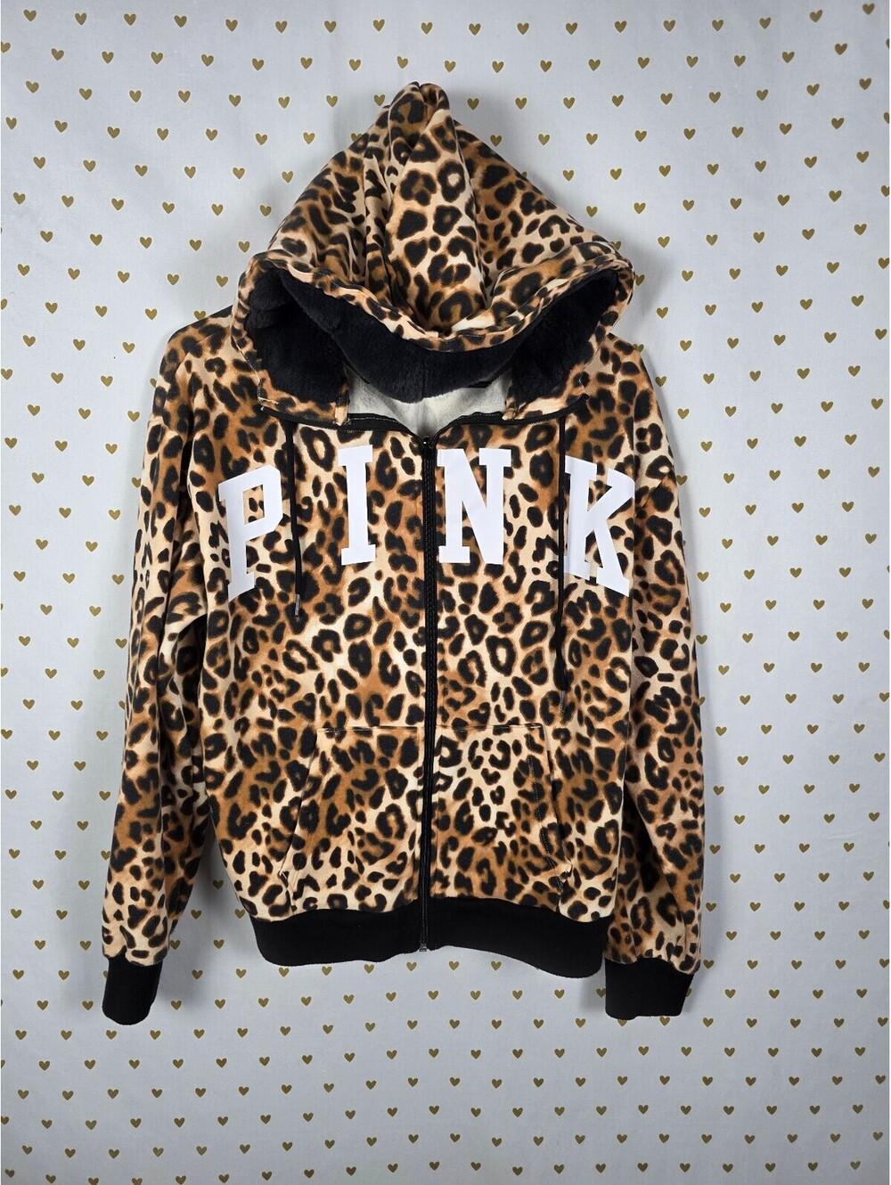 Victoria's Secret PINK Leopard Faux Fur Hoodie Full Zip Small S Rare